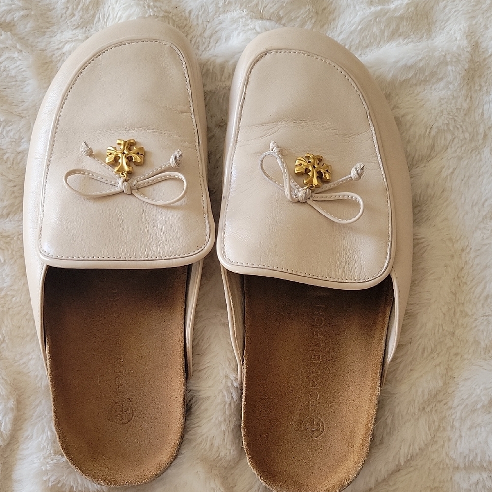 Tory Burch Cream and Gold Mules with Elegant Accents